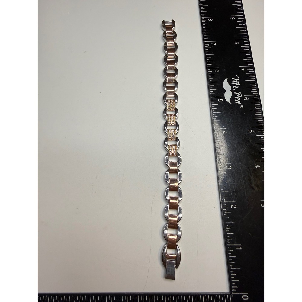 Two Tone Rose Gold and Silver Link Bracelet with Crystal Accents 7.25 Inch